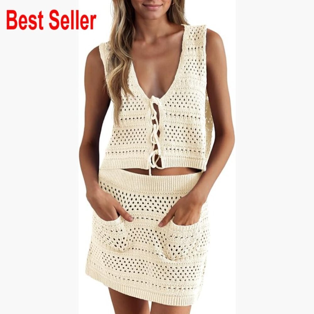 Crochet Swim Cover Up Set V Neck Sleeveless Front Tie Crop Top Mini Skirt